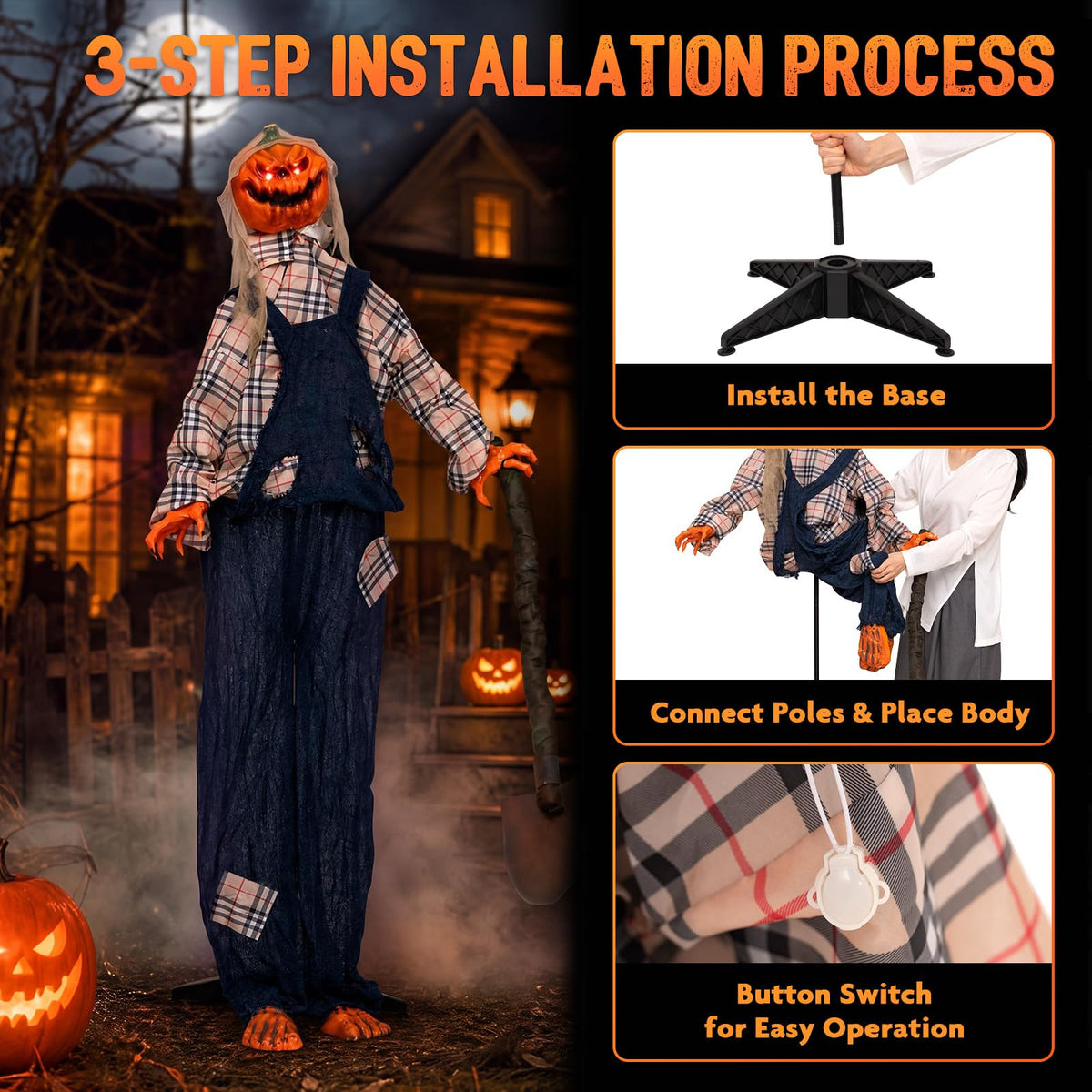 5.3 FT Animated Halloween Standing Pumpkin Scarecrow with Shovel