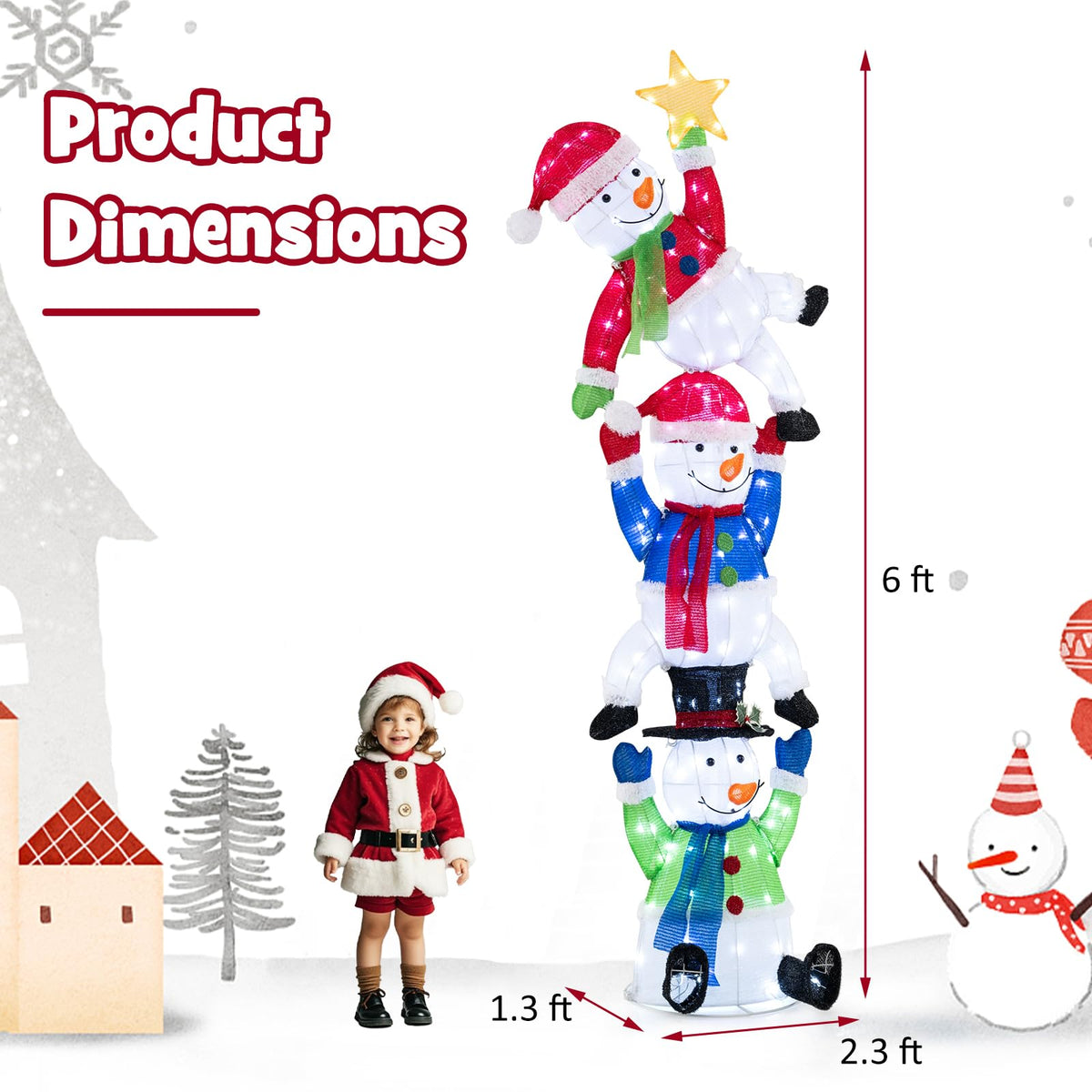 Lucktree 6 ft Christmas Stacked Snowman, 3D Pre-Lit Snowman Decoration w/ 155 LED Lights