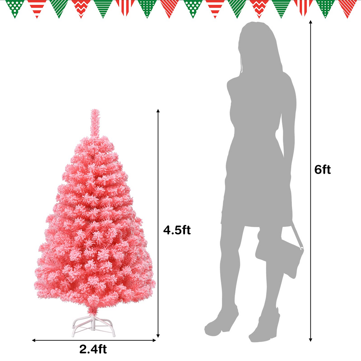 Lucktree 4.5ft Pink Artificial Christmas Tree, Unlit Hinged Snow Flocked Xmas Tree w/ 348 PVC Branch Tips & Metal Stand - LucktreeUS