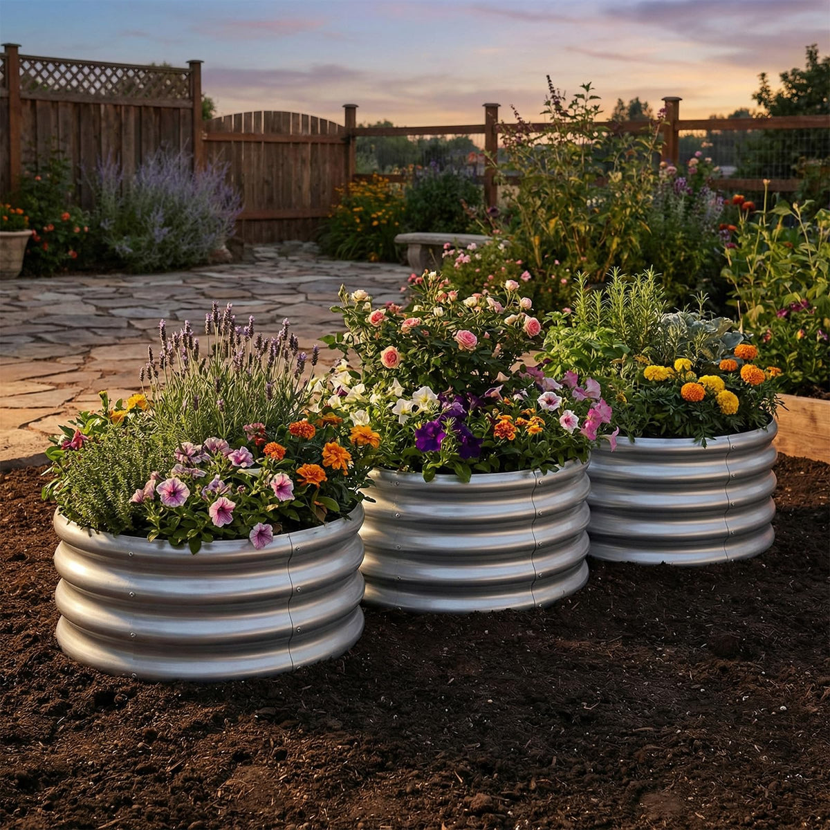 Lucktree Galvanized 2 x 2 x 1 FT Round Outdoor Planter Box with Open-Ended Base (1/2)