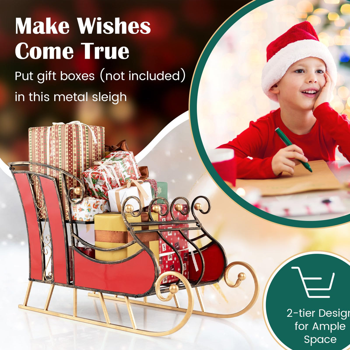 Lucktree Metal Christmas Santa Sleigh Basket, Xmas Festival Holiday Decorative Santa’s Sleigh with 2-Tier Storage Shelf