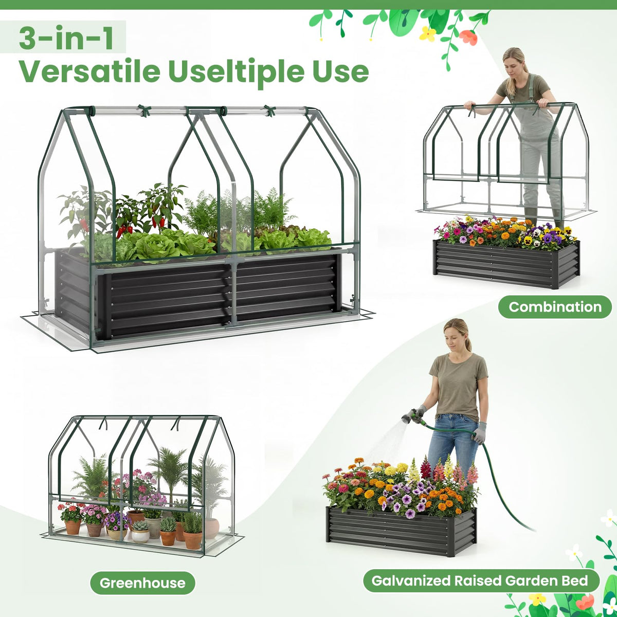 Lucktree 4x2x3 FT Galvanized Raised Garden Bed with Greenhouse Cover