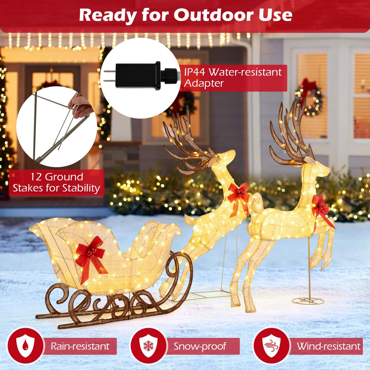 Lucktree 3-Piece Christmas Lighted Reindeer & Sleigh Set