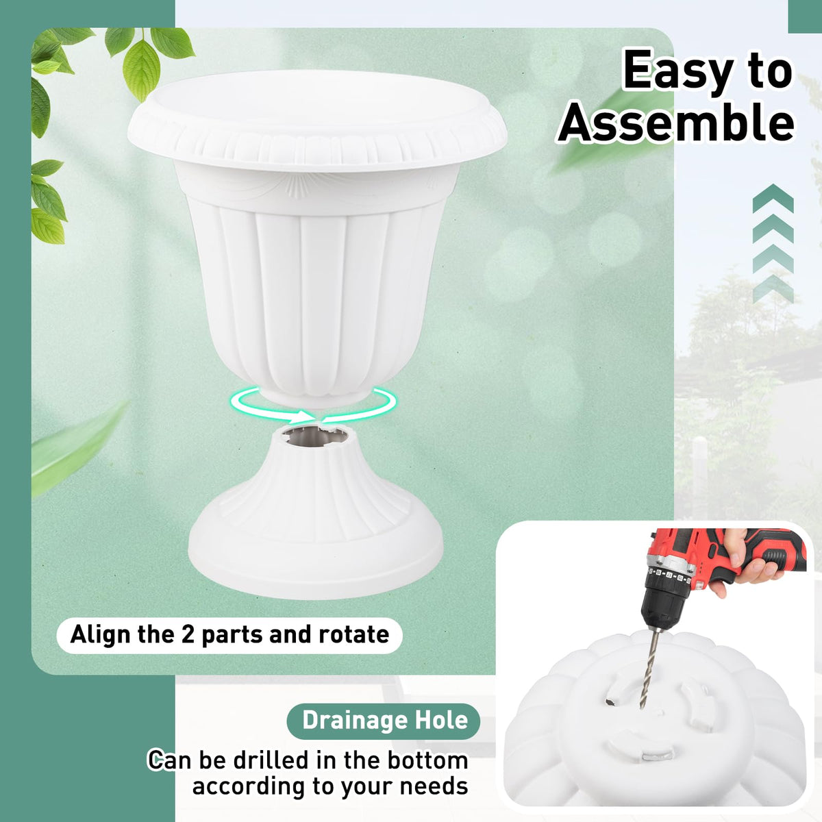 Lucktree 18" Tall Urn Plastic Flower Pots with Pedestal Base & Pre-Marked Drain Hole