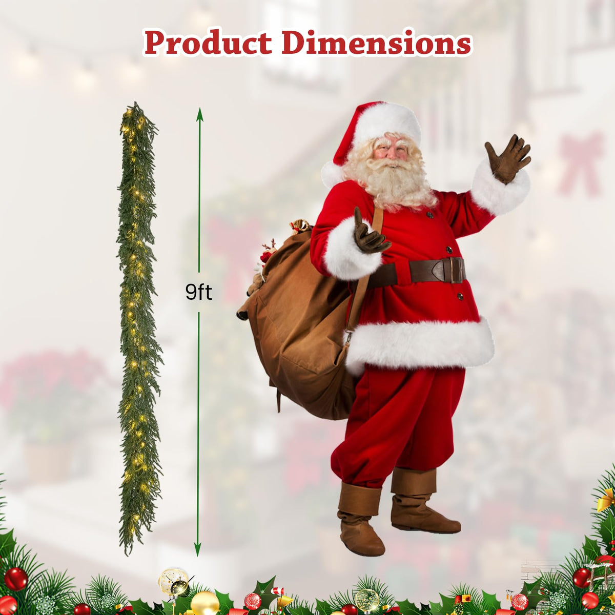 9 FT Pre-lit Artificial Cypress Christmas Garland with 50 Warm White LED Lights and 130 Branch Tips