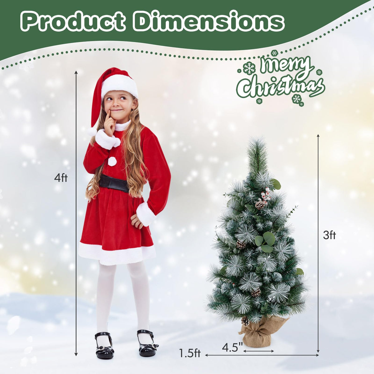Lucktree 3ft Pre-Lit Mini Tabletop Christmas Tree with 30 Warm White LED Lights, Timer, 98 Flocked PVC & Pine Needles