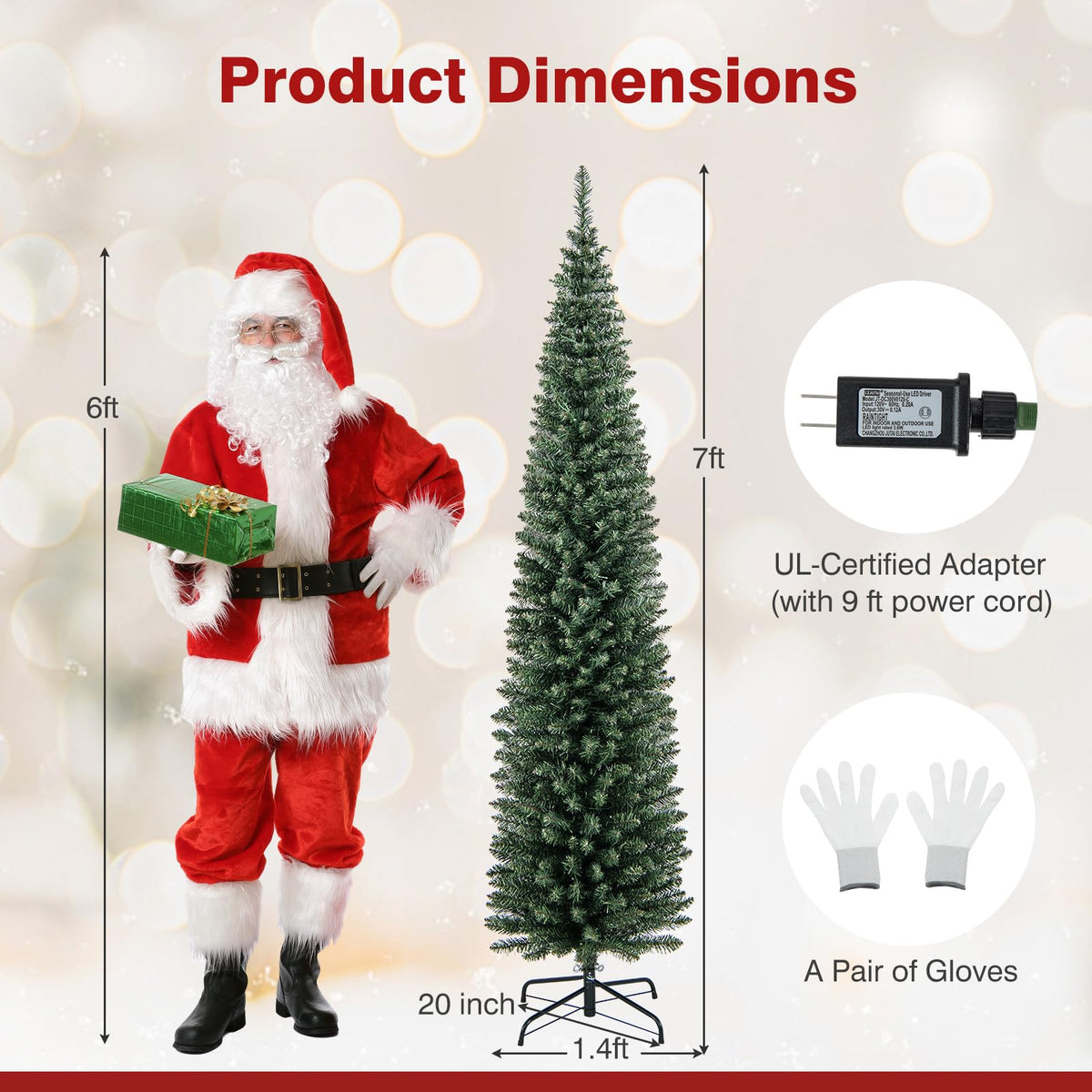 Lucktree 5ft Pre-Lit Pencil Christmas Tree, Artificial Slim Xmas Tree with 150 Warm-White LED Lights
