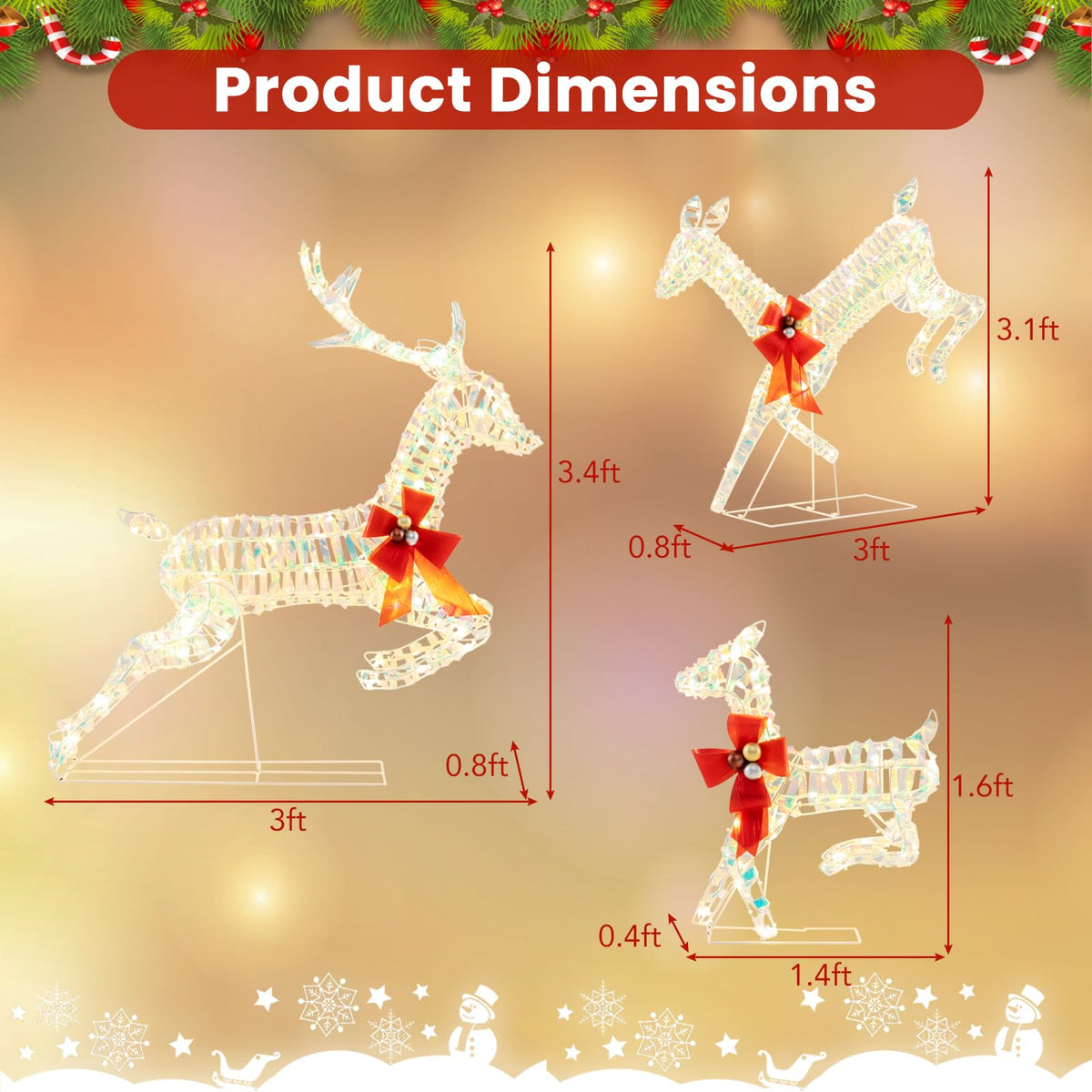 Lucktree Christmas Lighted Reindeer, Set of 3 Reindeer Decorations with LED Lights and Red Bows