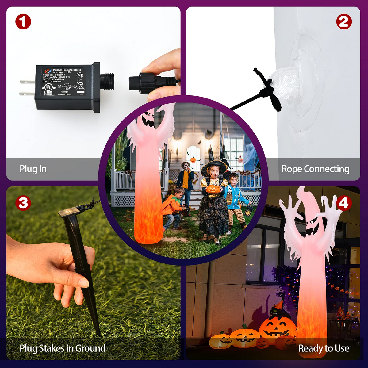 Lucktree 12 FT Halloween Inflatable Ghost W/ LED Lights, Air Blower, Stake, Sandbag