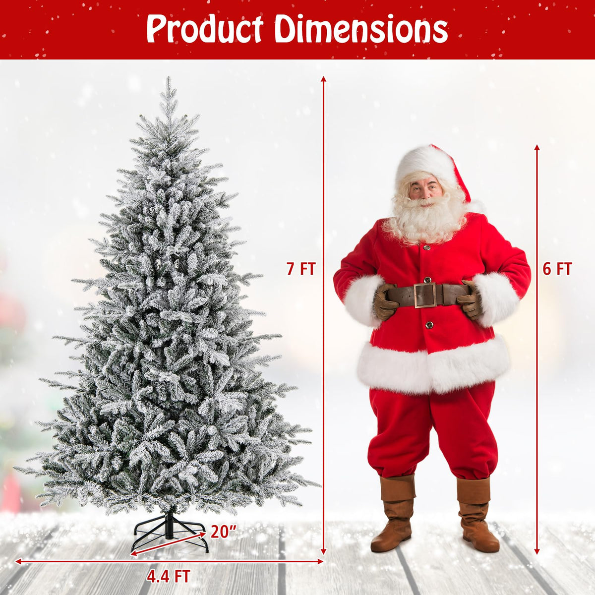 Lucktree 7ft Pre-Lit Snow Flocked Christmas Tree, Artificial Hinged Full Xmas Tree with 350 Multicolored LED Lights