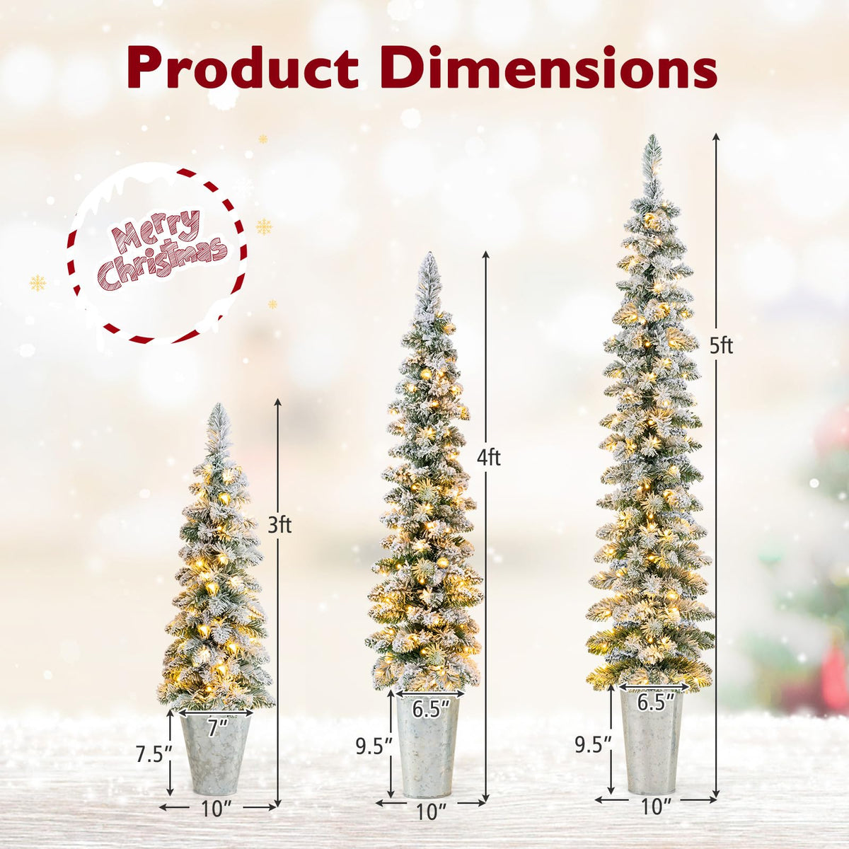 Lucktree 3' 4' 5' Pre-Lit Snow Flocked Christmas Tree Set of 3, Slim Pencil Artificial Potted Xmas Trees with 423 Branch Tips