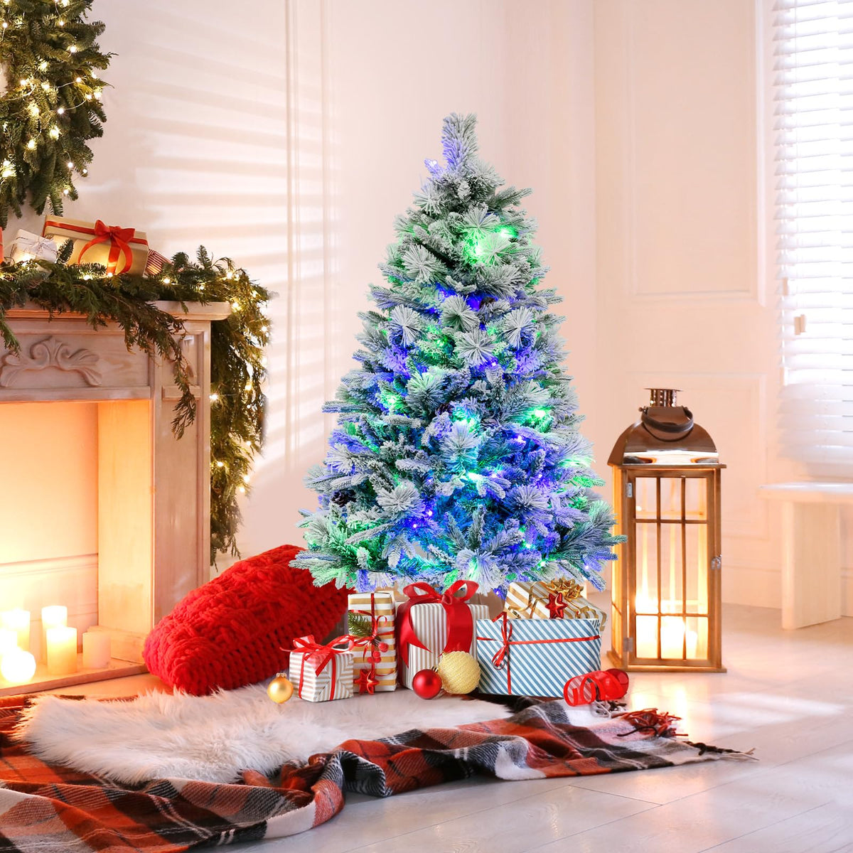 Lucktree Pre-Lit Snow Flocked Christmas Tree, Artificial Hinged Xmas Tree with 160 Multi-Color LED Lights
