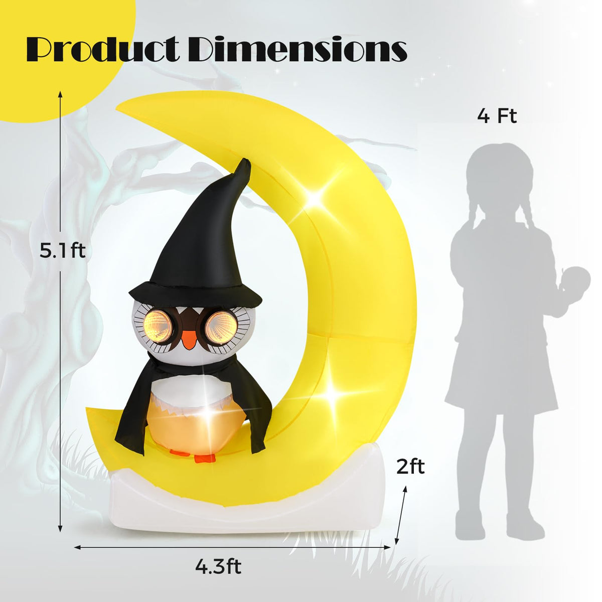 Lucktree 5.1 Ft Halloween Inflatables, Pre-Lit Owl on The Moon with Witch Hat