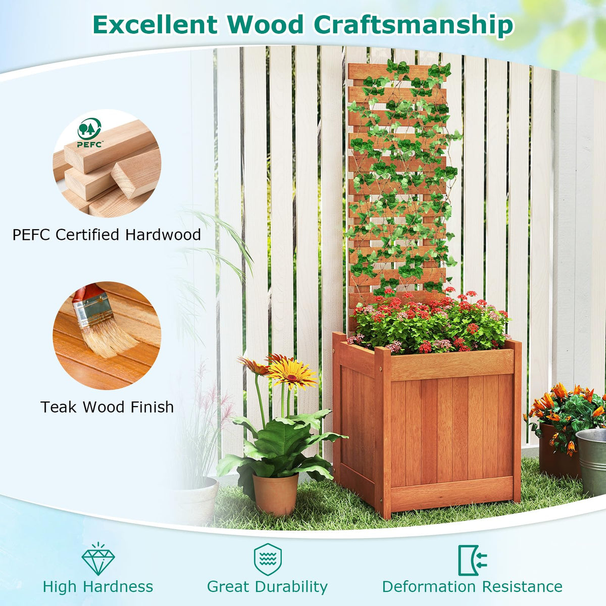Lucktree Outdoor Wooden Raised Garden Bed with Trellis