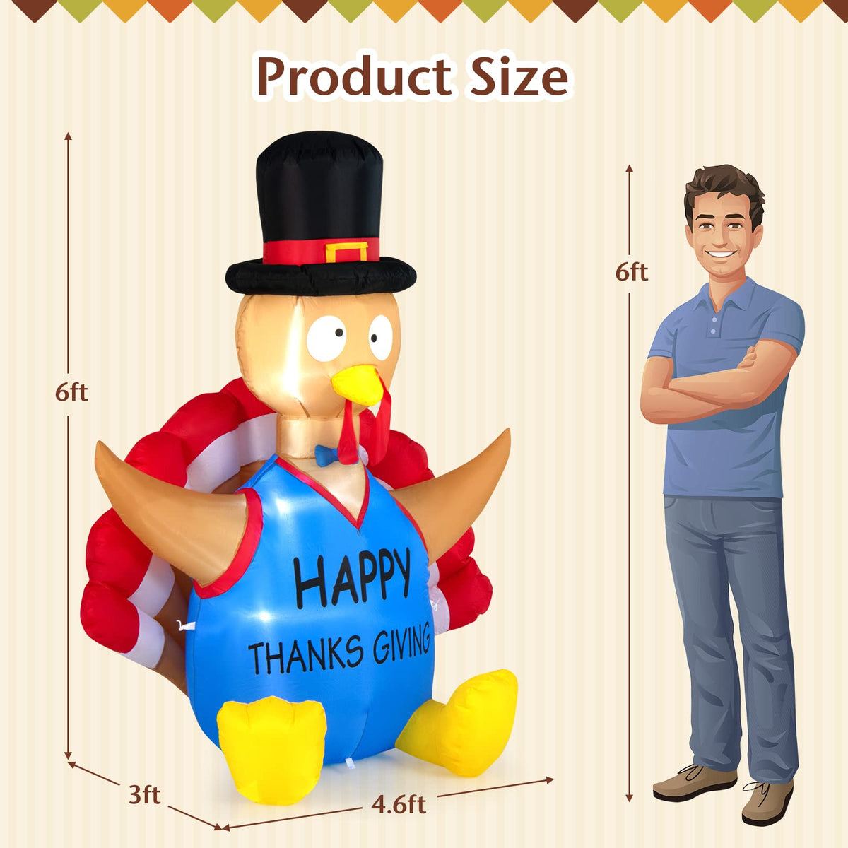 Lucktree 6 FT Thanksgiving Inflatable Turkey, Lighted Thanksgiving Decorations for Lawn, Garden, Party