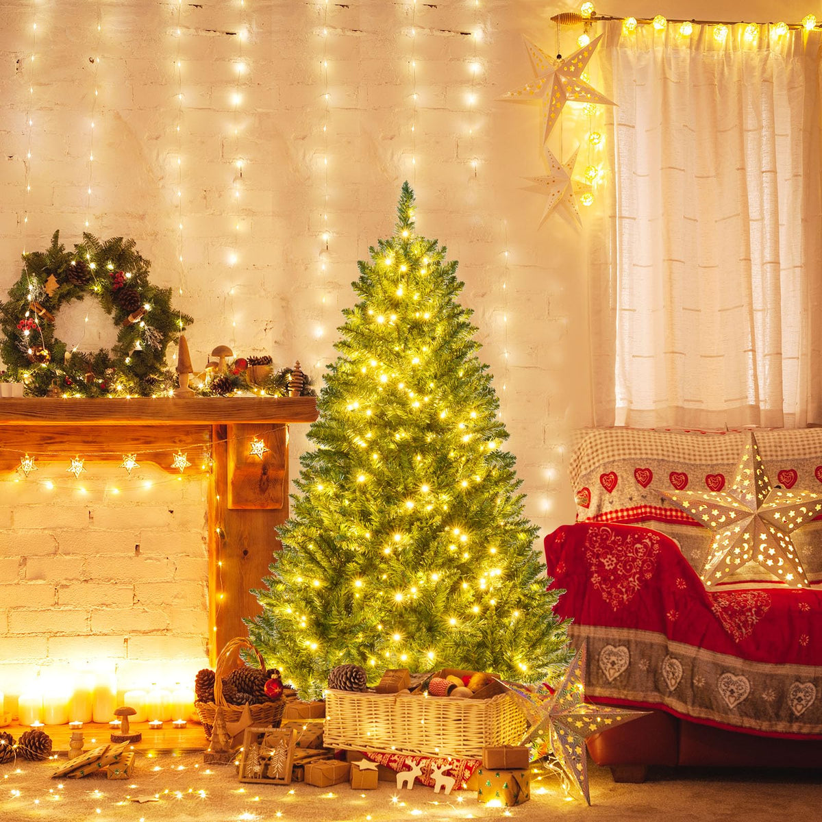Lucktree Pre-Lit Artificial Christmas Tree with 7 Lighting Modes & Folding Metal Stand