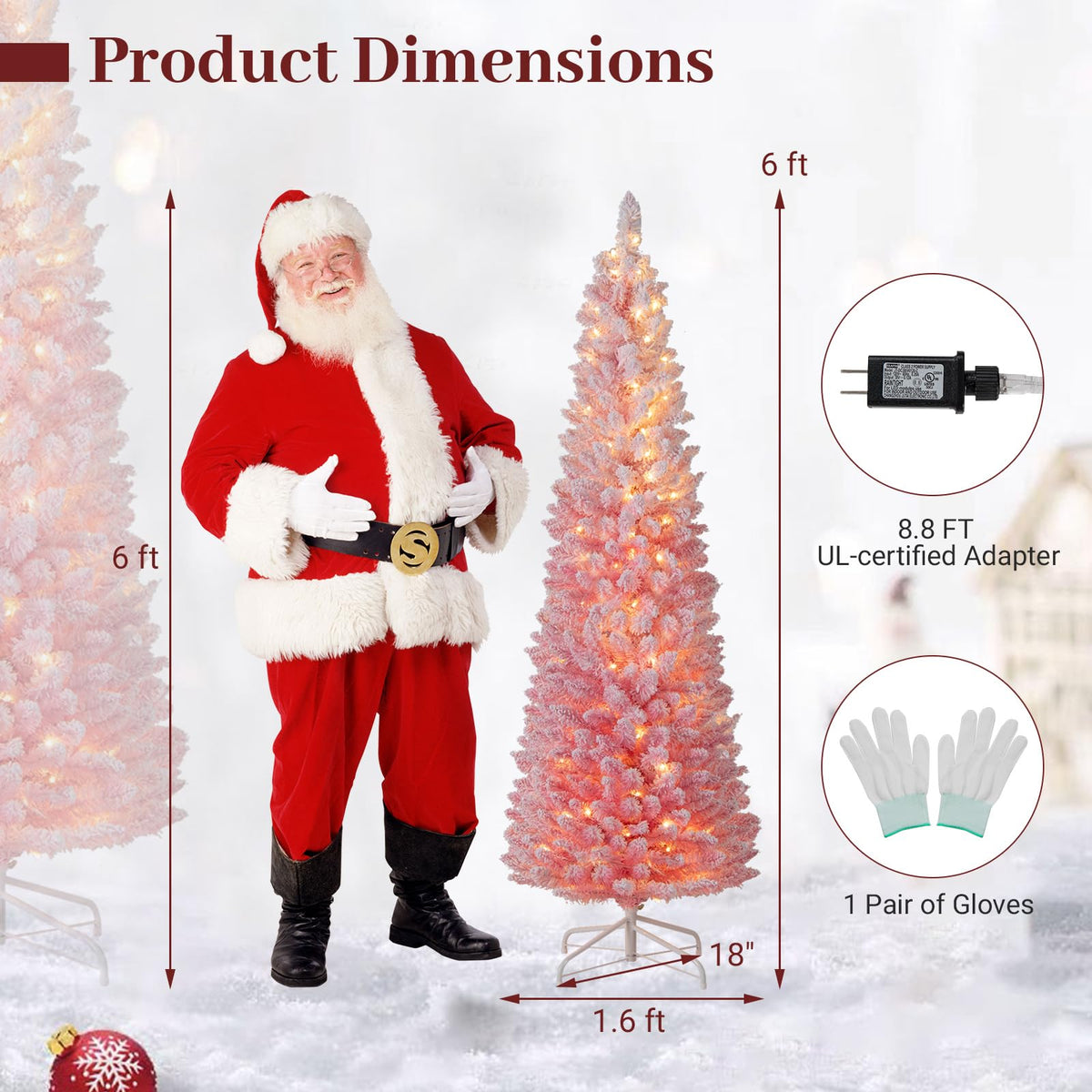 Lucktree 6ft / 7ft Pink Slim Pencil Christmas Tree | Pre-lit Snow Flocked Artificial Skinny Xmas Tree