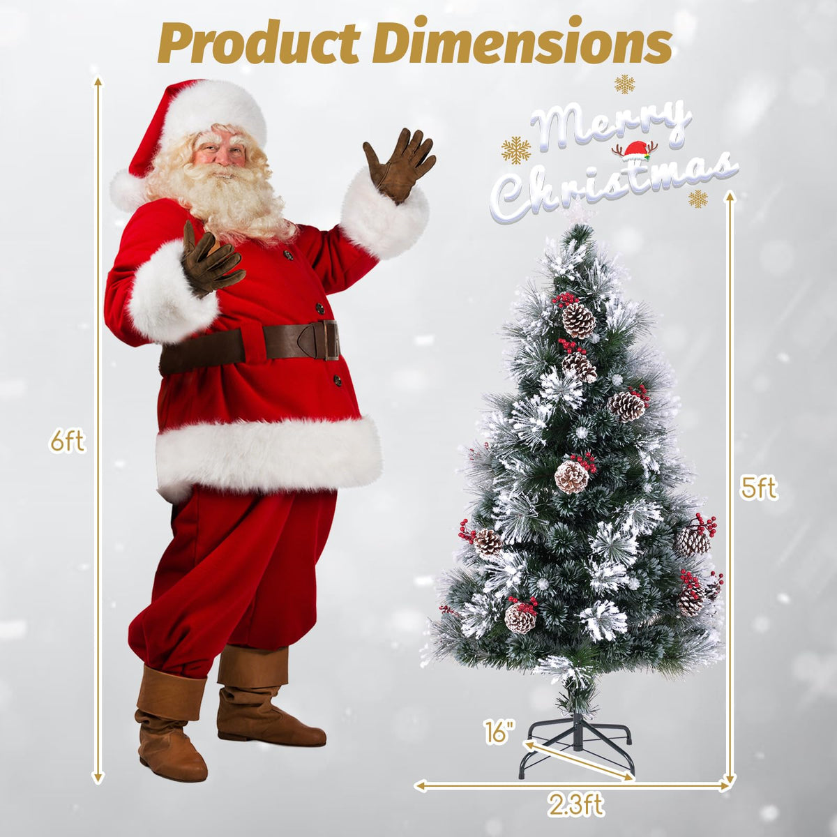 Lucktree Pre-lit Fiber Optic Christmas Tree, Artificial Snowy Xmas Tree with 49 Cool White LED Lights