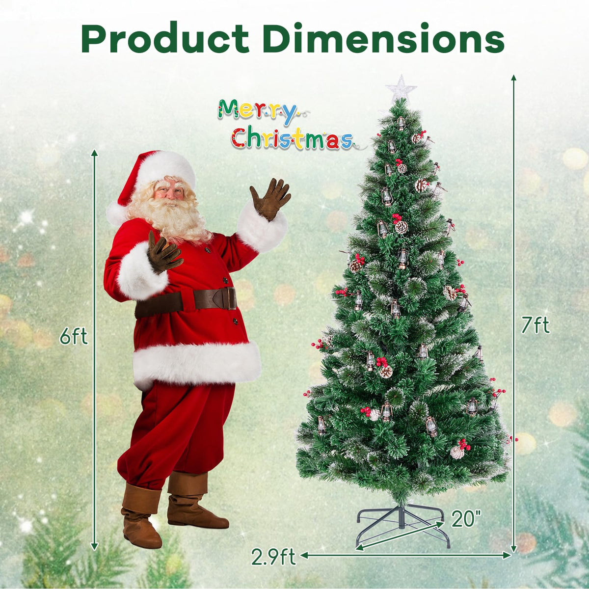 Lucktree Pre-Lit Fiber Optic Christmas Tree, Artificial Snowy Xmas Tree with Warm White LED Lights