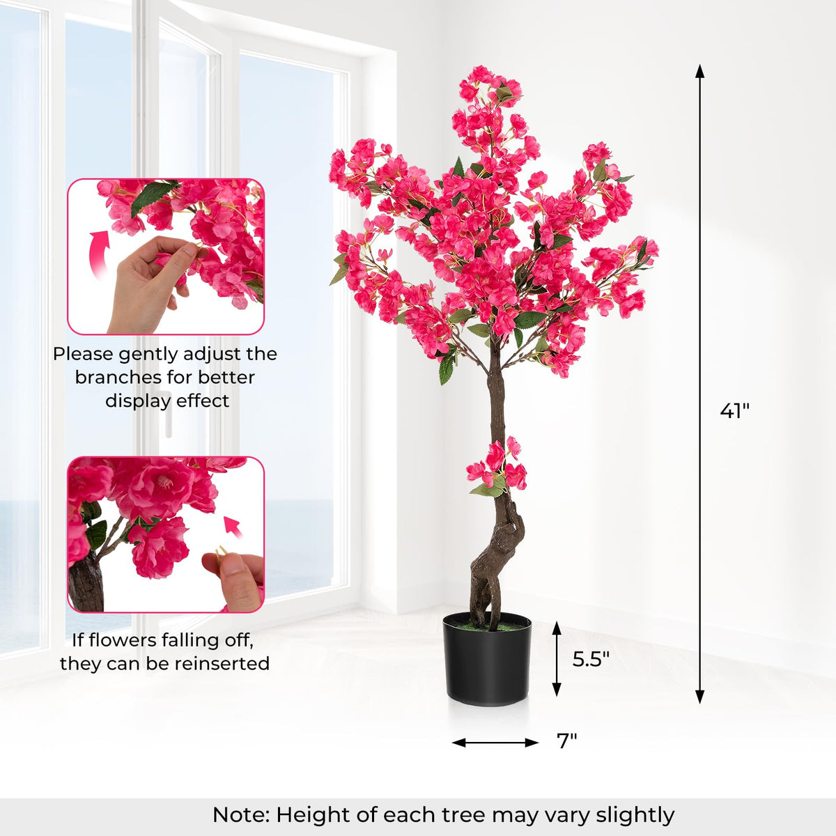 Lucktree 41” Artificial Plum Blossom Tree, Fake Floral Plant with 92 Flowers & Realistic Trunk in Plastic Nursery Pot
