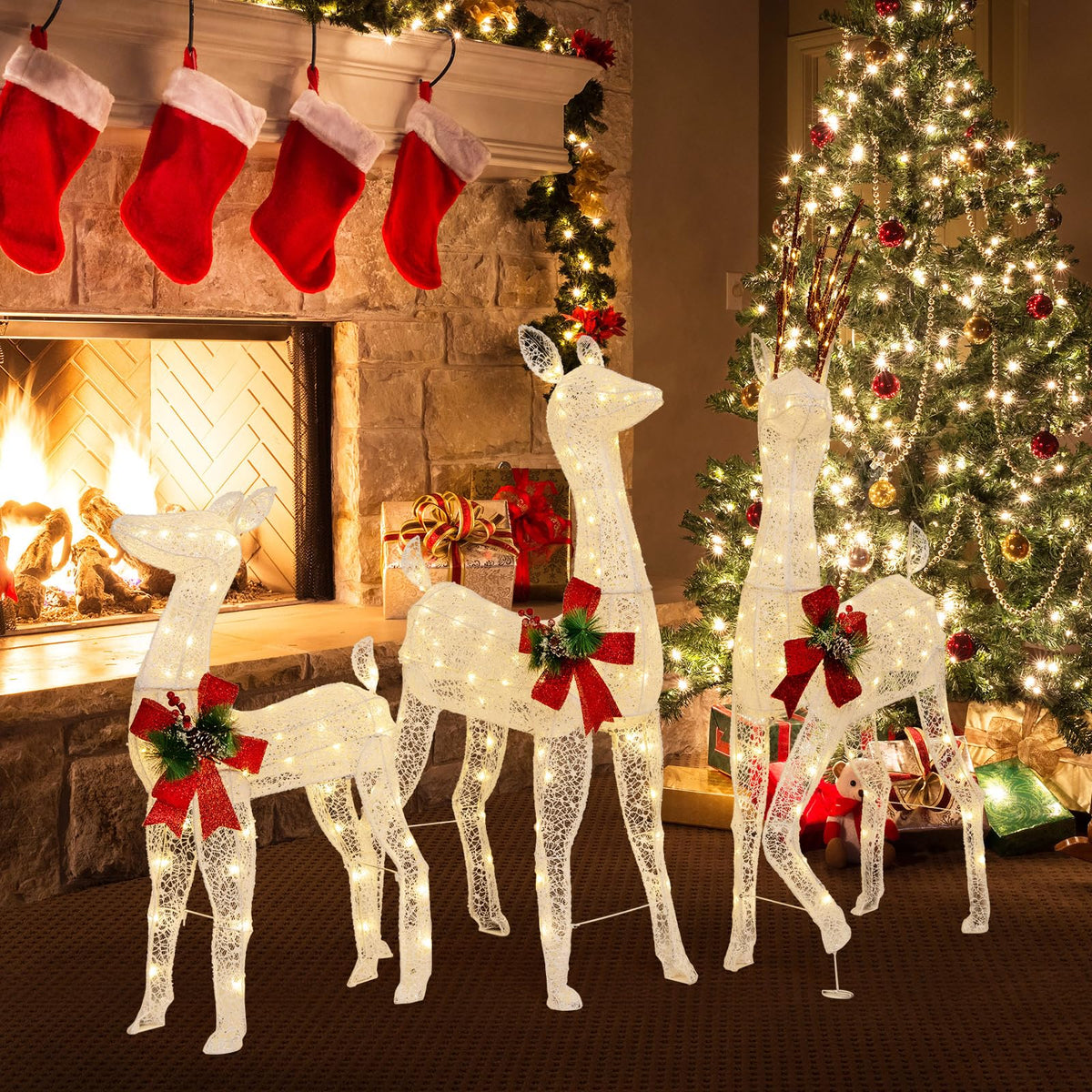 Lucktree 3 Pieces Lighted Christmas Reindeer Family, Xmas Lighted Deer Decoration with 230 Warm White LED Lights