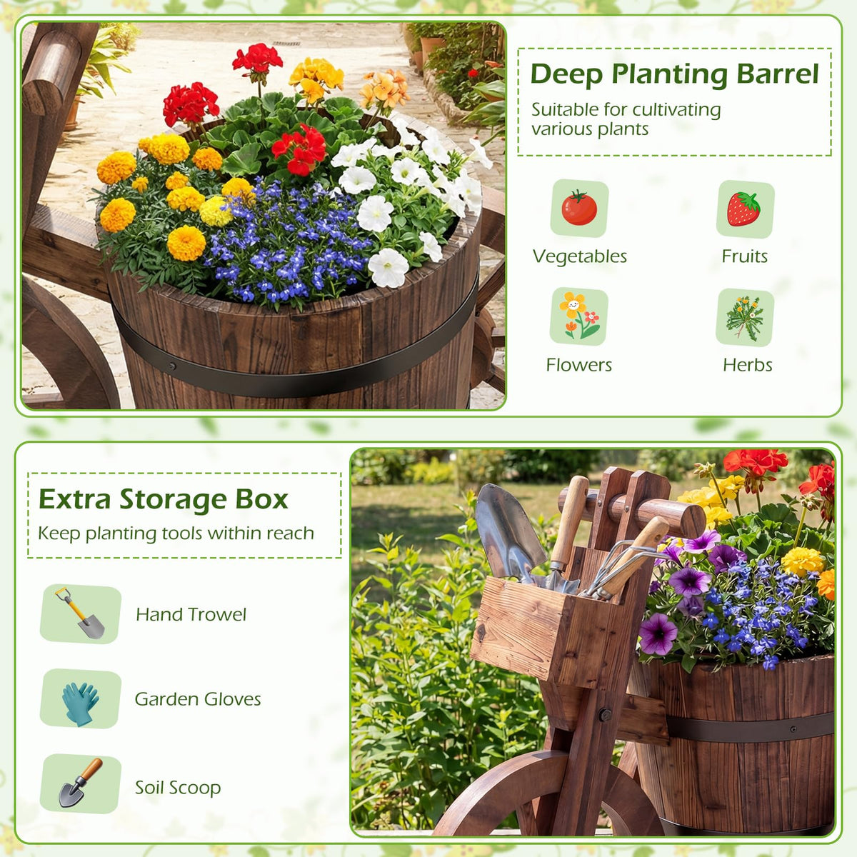 Lucktree Wooden Wagon Planter with Wheels for Patio Backyard Balcony
