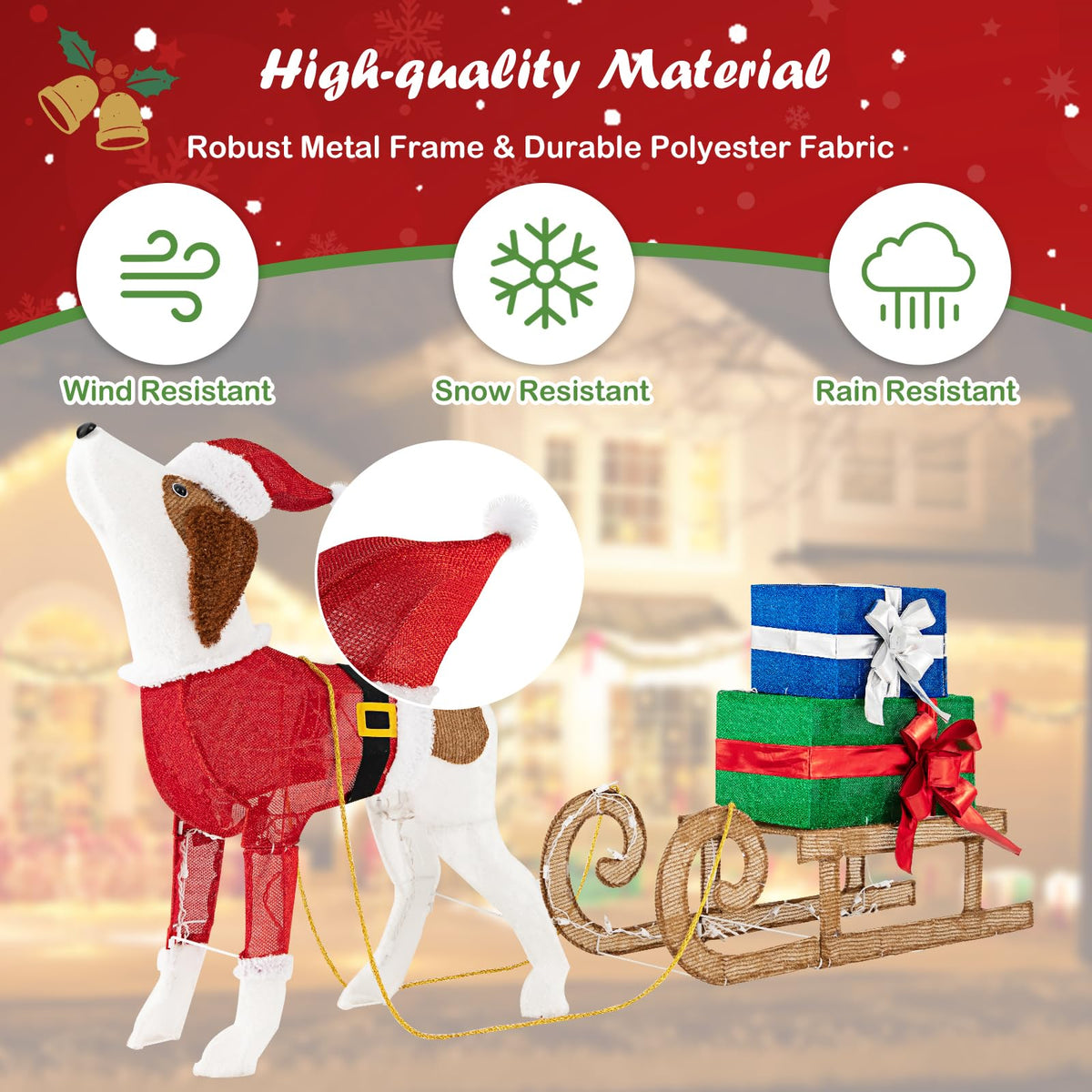 Lucktree Lighted Christmas Dog with Sleigh & Gift Boxes Combo Decorations
