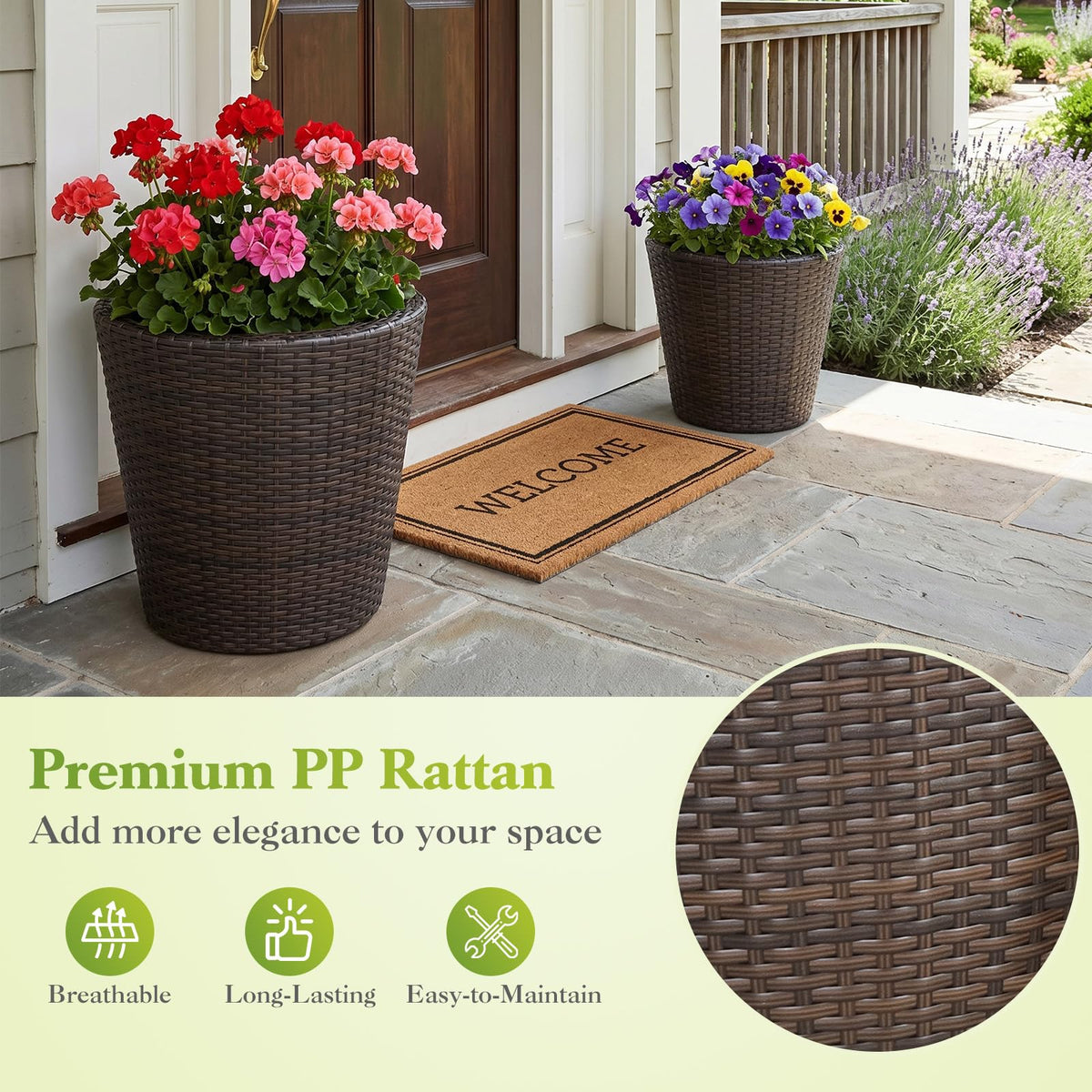 Lucktree Set of 2 Plastic Planters | 15 Inch & 11.5 Inch Taper Rattan Planters with Drainage Holes