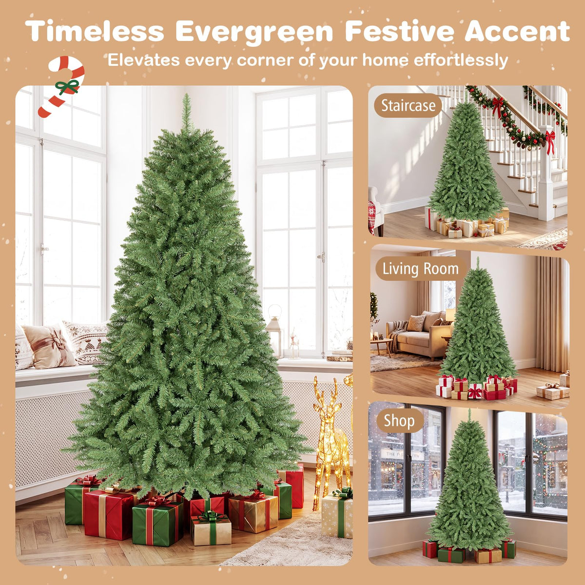 10/7.5/6.5/6/9/4.5/4 FT Artificial Christmas Tree w/ Easy-Setup Hinges, Unlit