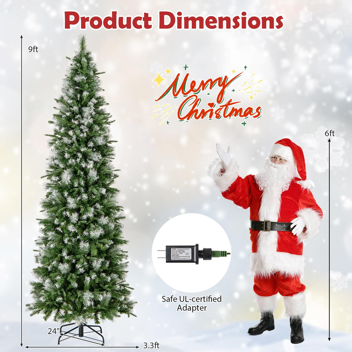 Lucktree 6ft / 7.5ft / 9ft Pre-Lit Pencil Christmas Tree with Flocked Frosted Tips & LED Lights
