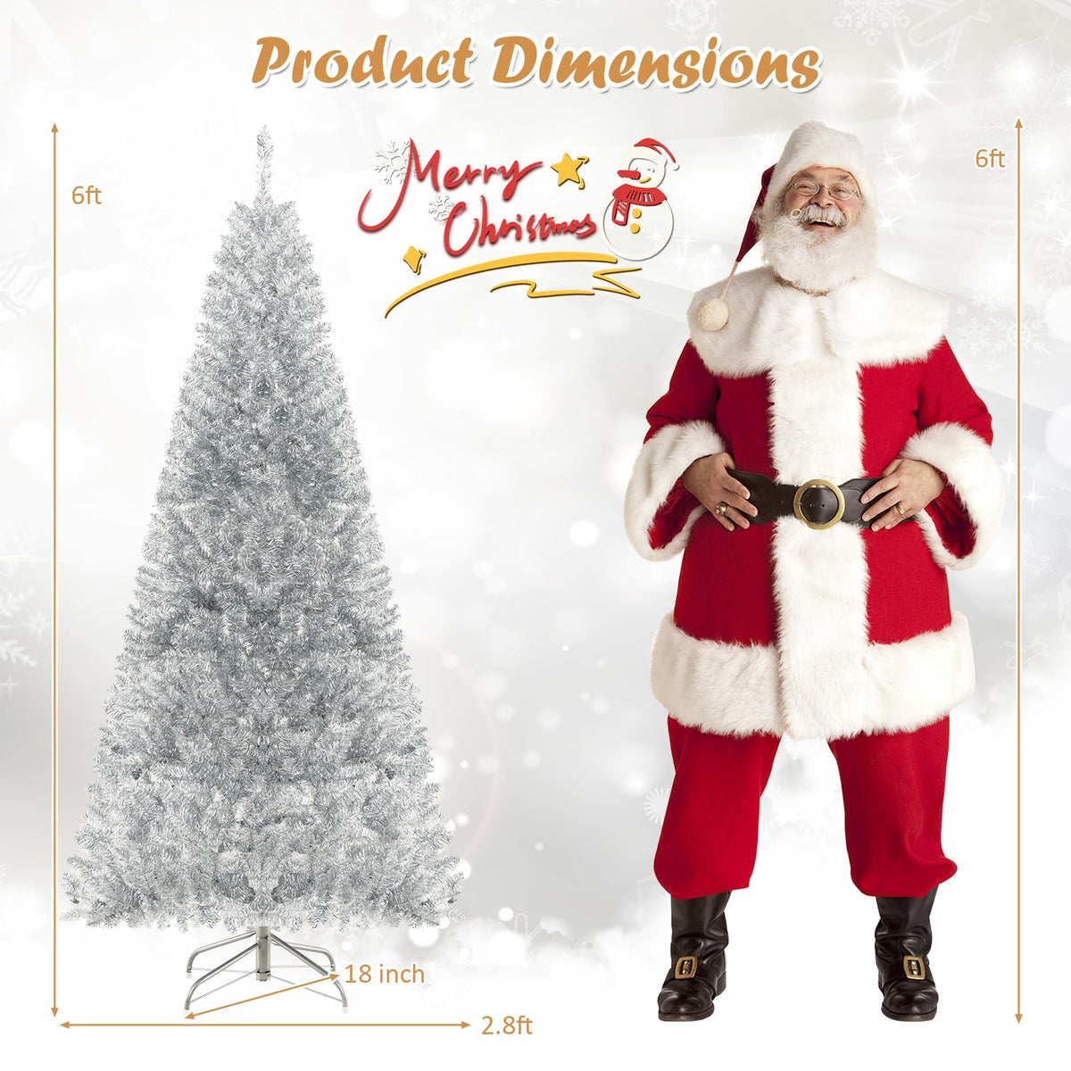Lucktree 6ft Pre-lit Silver Pencil Christmas Tree, Artificial Tinsel Electroplated Tree, Decor for Home