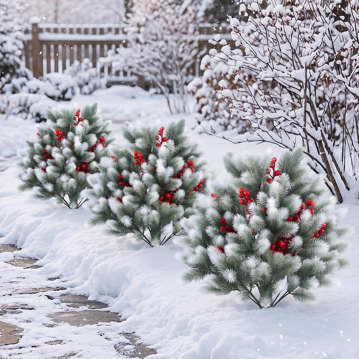 Lucktree 27.5" Faux Pine Needle Bushes with Ground Spikes | Artificial Cedar Topiary Ball Trees Set of 2