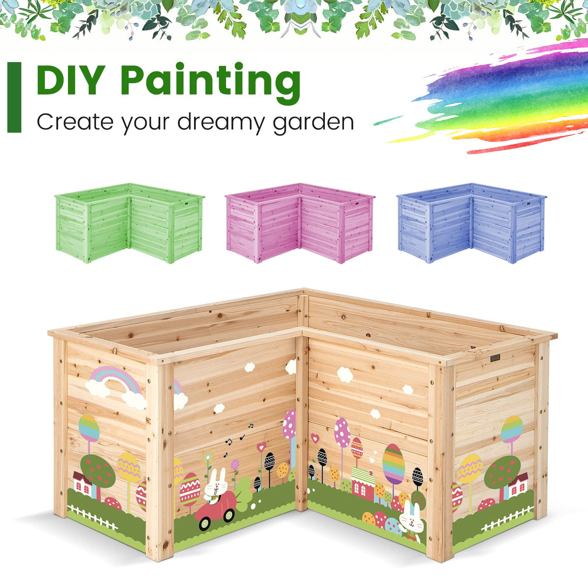 Lucktree Raised Garden Bed, 47.5" x 47.5" x 24.5" Wooden Planter Box, Outdoor L-Shaped Deep Garden Bed for Sapling Flower Herb Vegetable Fruit