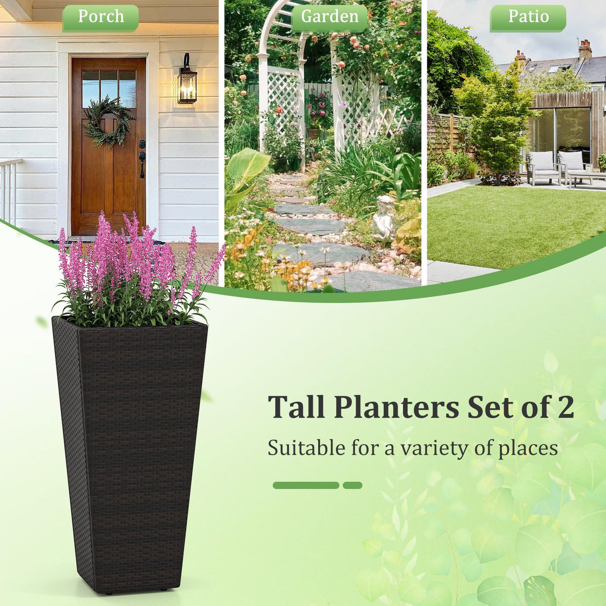 Lucktree Set of 2 Outdoor Wicker Flower Pot 30 Inch Tall Planters with Drainage System PE Rattan Flower Pots