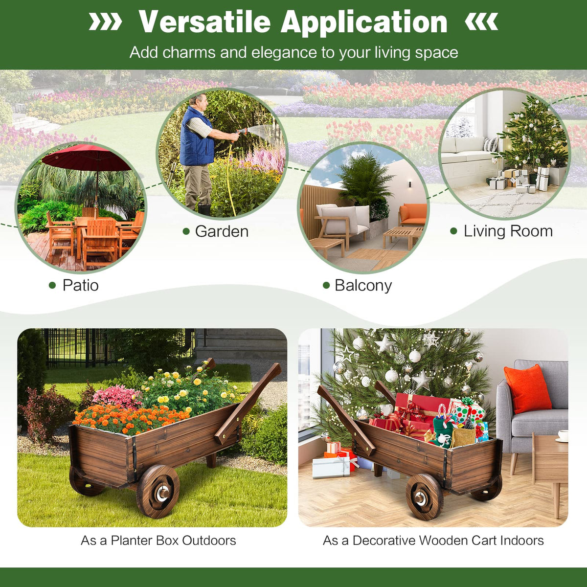 Lucktree Wooden Wagon Planter Box, Decorative Wagon Cart with Wheels, Handles