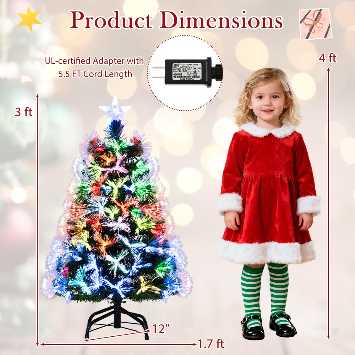Lucktree 3 FT Pre-Lit Fiber Optic Christmas Tree with Slow-Flashing Multicolored Optical Fibers