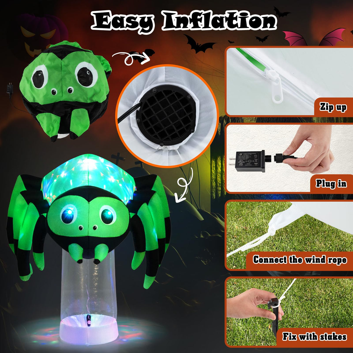 Lucktree 6 FT Halloween Inflatable Spider with Multi-Color Rotating Light