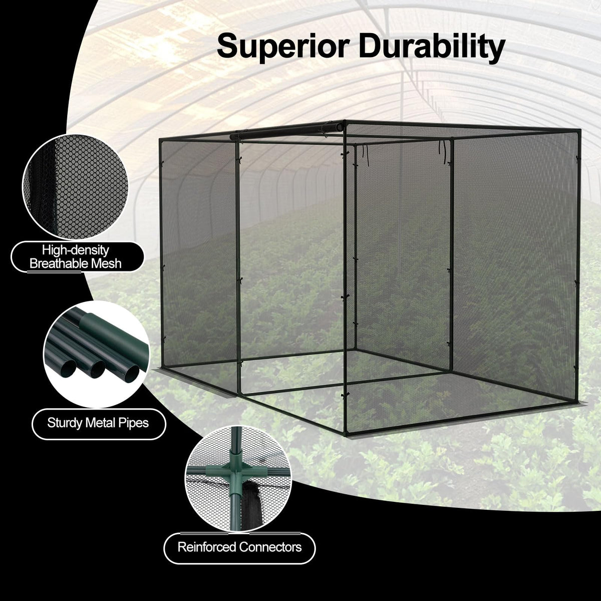 Lucktree Garden Crop Cage | 10 x 6.5 x 6.5 ft Plant Netting Cover w/Zipper Doors