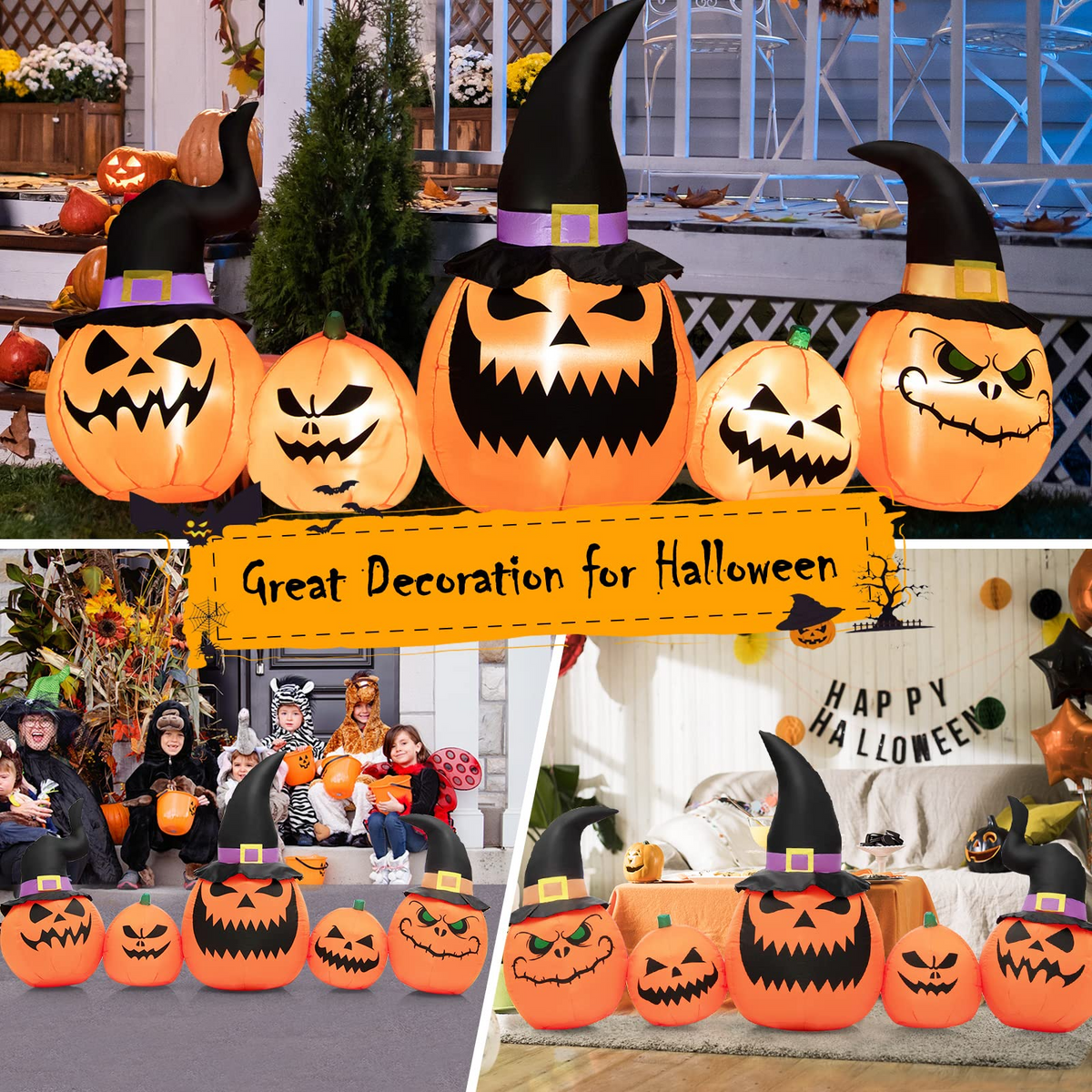 Lucktree 8 Ft Halloween Inflatable Pumpkin Family, Waterproof Halloween Yard Decoration with Built-in LED Lights, Sandbag