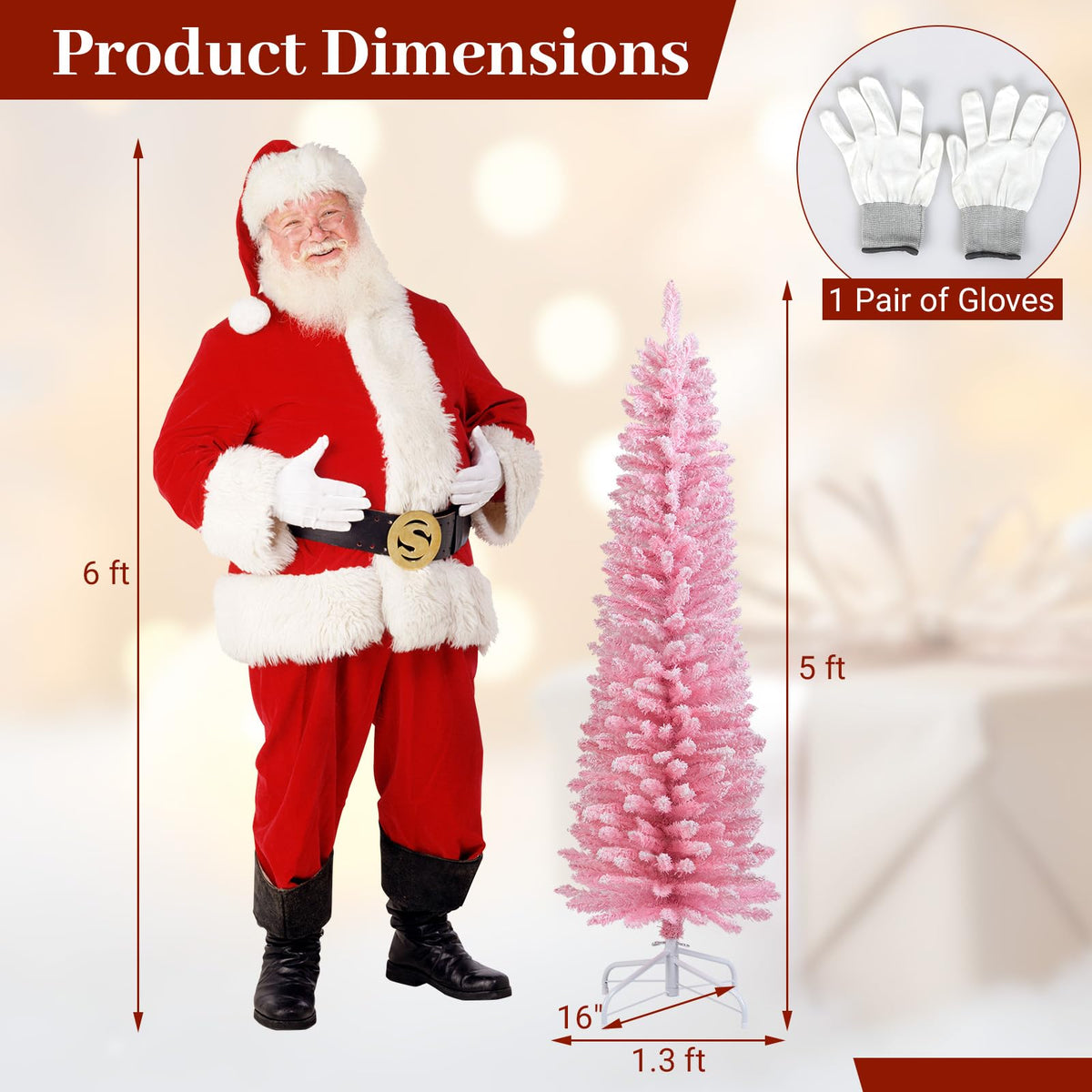 Lucktree 5ft / 6ft Pink Slim Pencil Christmas Tree | Snow Flocked Skinny Xmas Full Tree