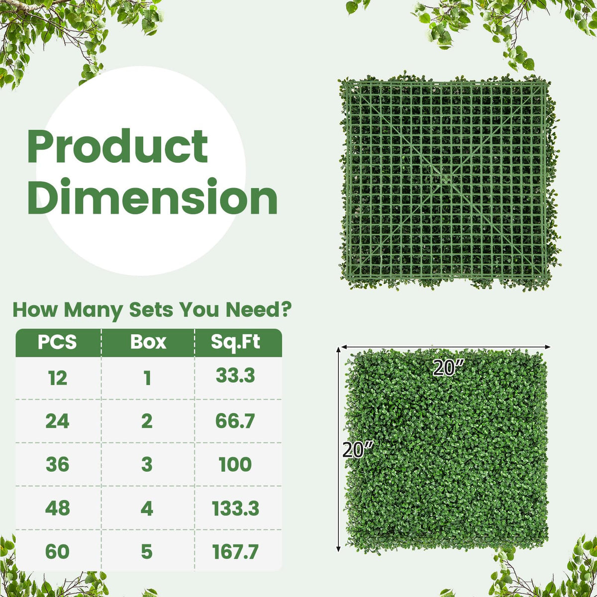 Lucktree 12PCS 20" x 20" Artificial Boxwood Panels Garden Privacy Fence Screen
