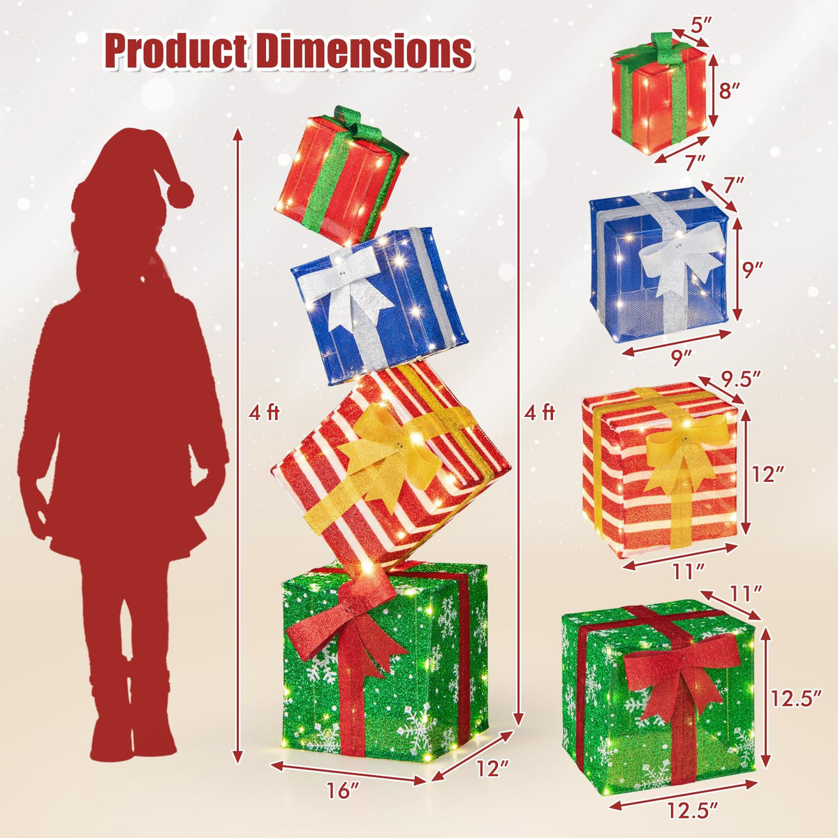 Lucktree Lighted Gift Boxes, Set of 4 Stackable Pre-lit Box Decorations with Warm White LED Lights & Pre-Assembled Ribbons