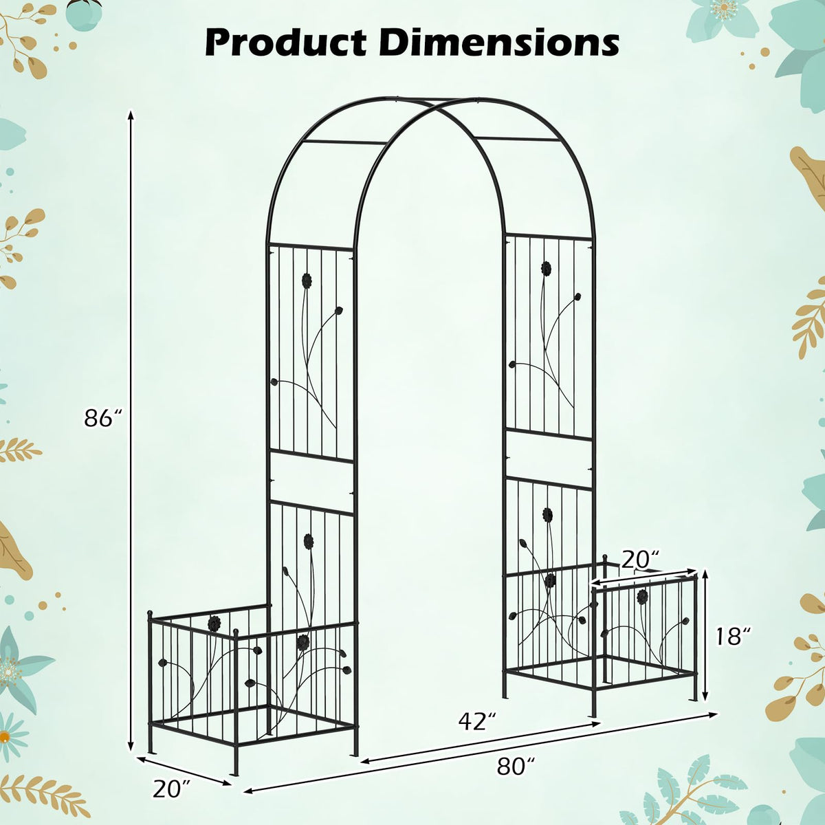 Lucktree Garden Arch Trellis with Planters, 86'' Metal Arbor Pergola for Climbing Plants Rose Clematis Vines