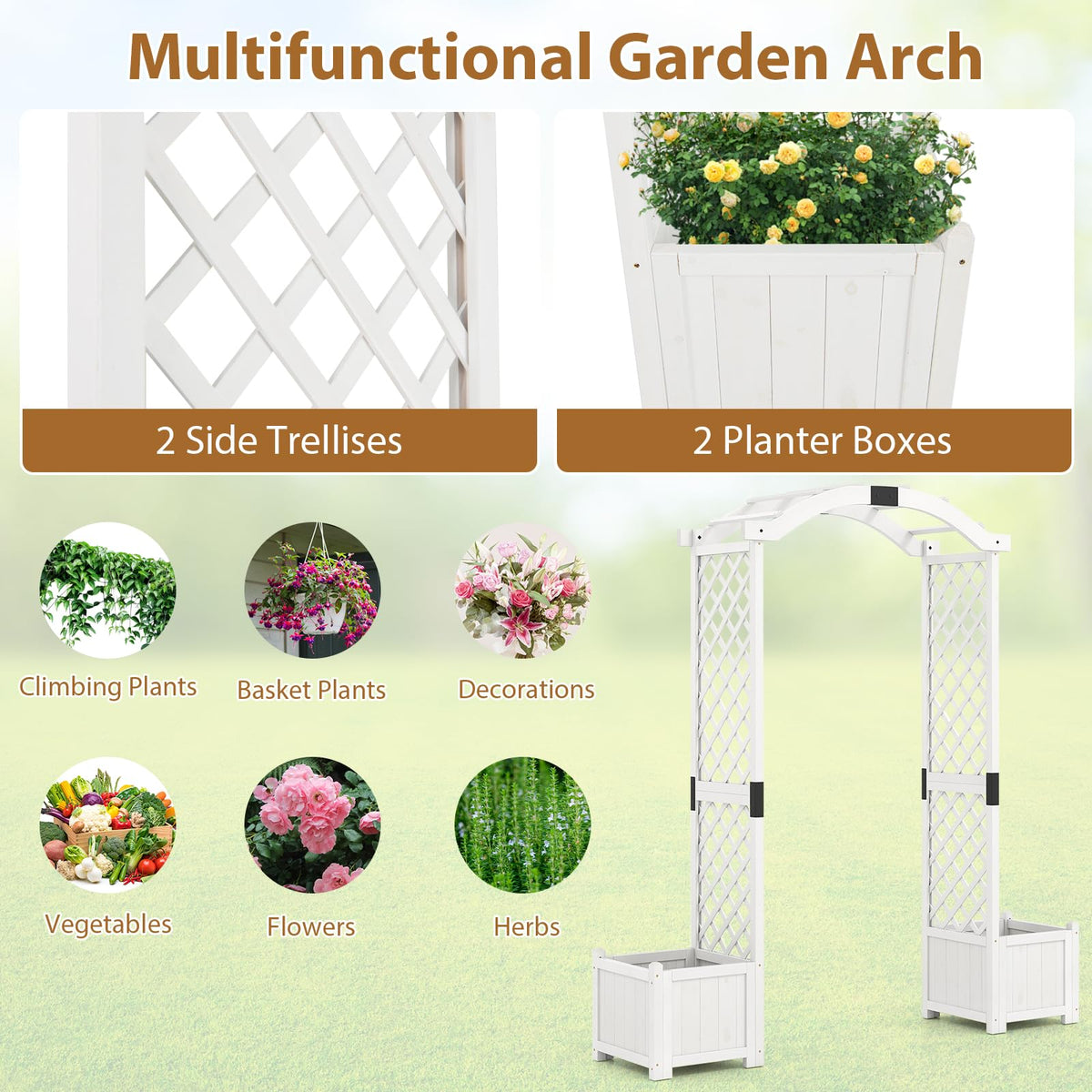 Lucktree Garden Arbor with Planter, Wooden Planter Arch with Trellis, Outdoor Arch for Climbing Plants