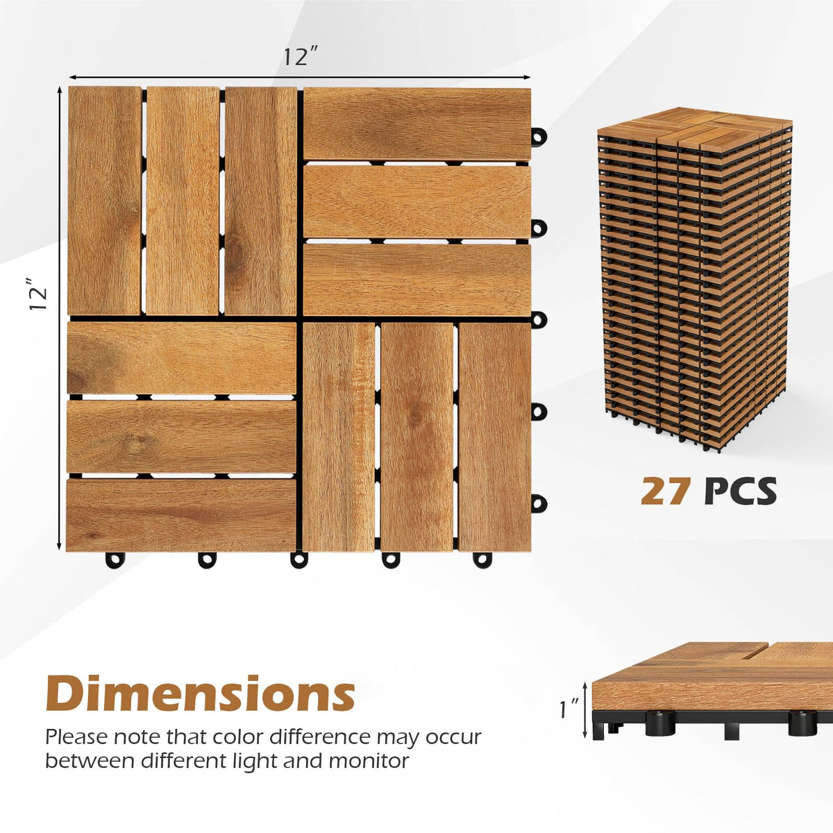 Lucktree 12" x 12" Interlocking Acacia Wood Deck Tiles