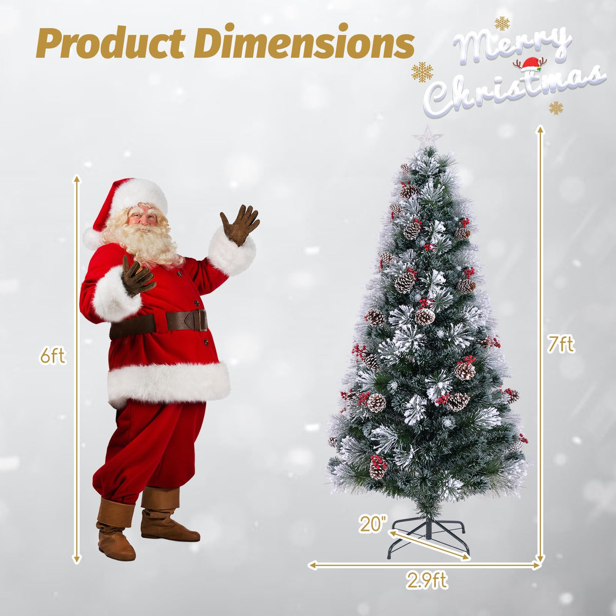 Lucktree Pre-lit Fiber Optic Christmas Tree, Artificial Snowy Xmas Tree with 49 Cool White LED Lights