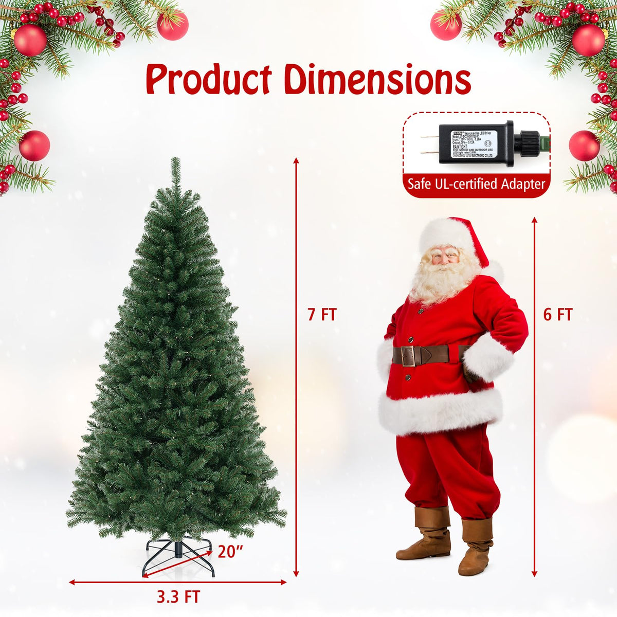 Lucktree 7ft Pre-Lit Christmas Tree, Artificial Hinged Xmas Tree with 250 Warm White LED Lights