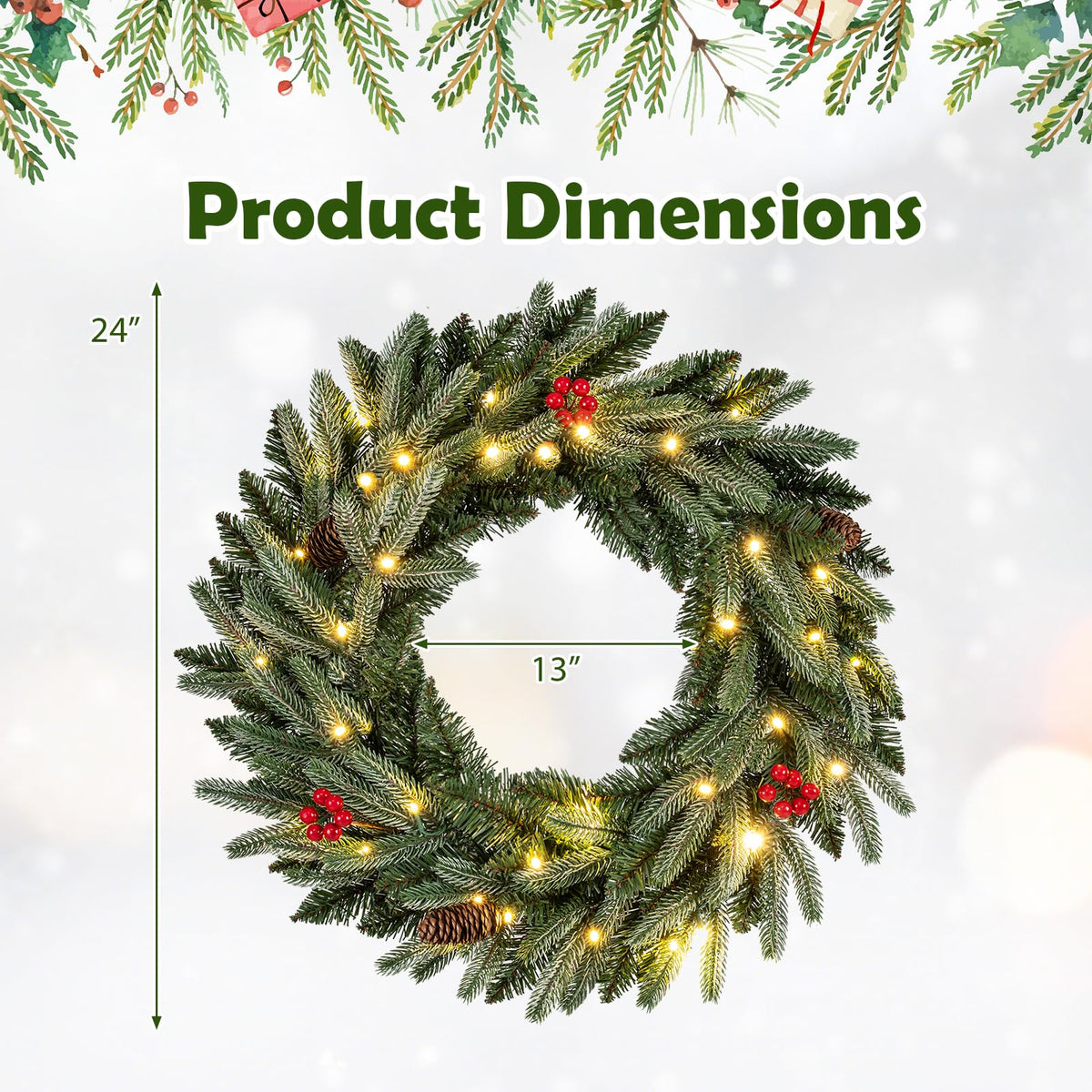24” Pre-lit Christmas Wreath Front Door Artificial Xmas Wreath with 90 Frosted Branch Tips