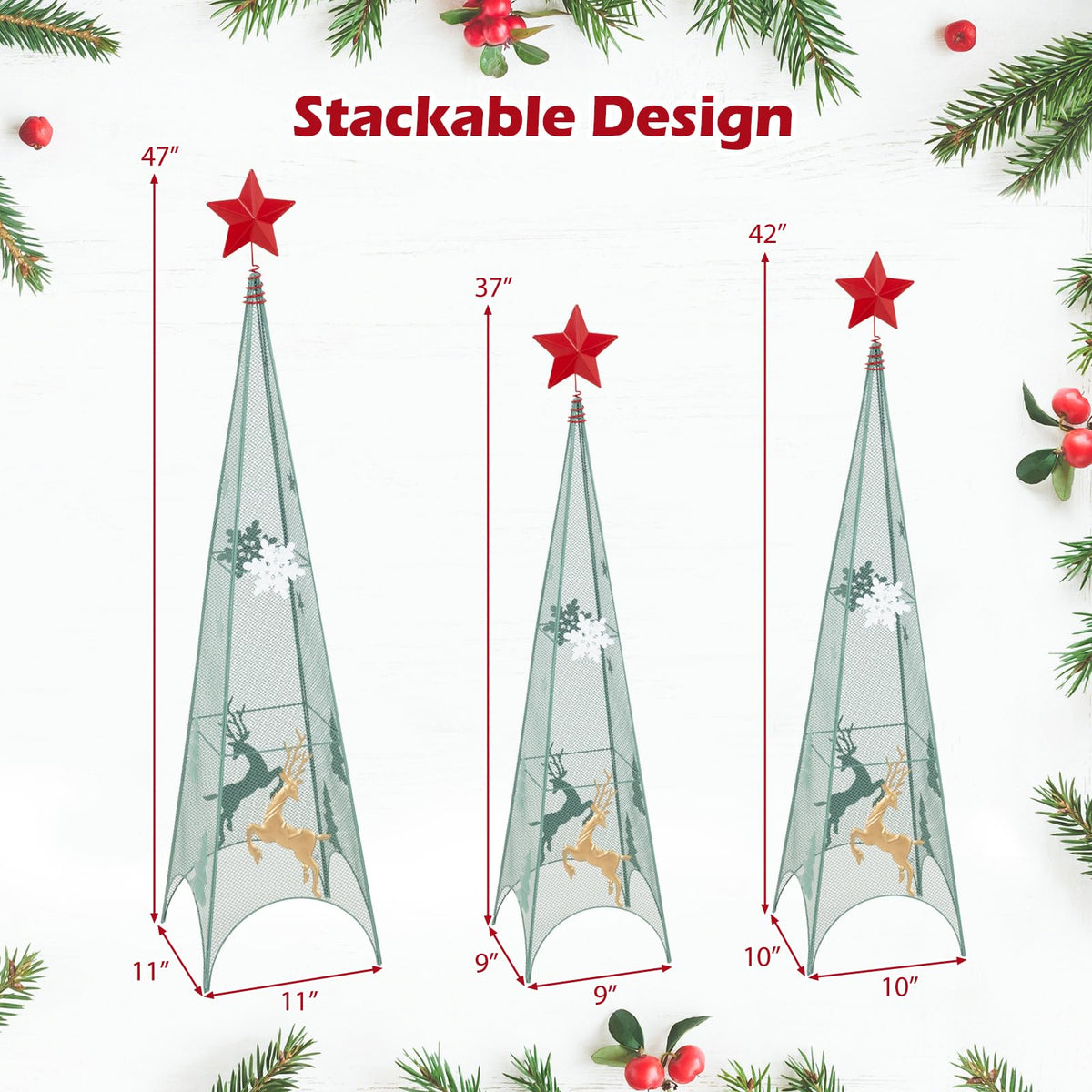 Lucktree Set of 3 Tower Shaped Christmas Trees (3ft/3.5ft/4ft), Artificial Xmas Metal Trees with Removable Star Toppers & Reindeer