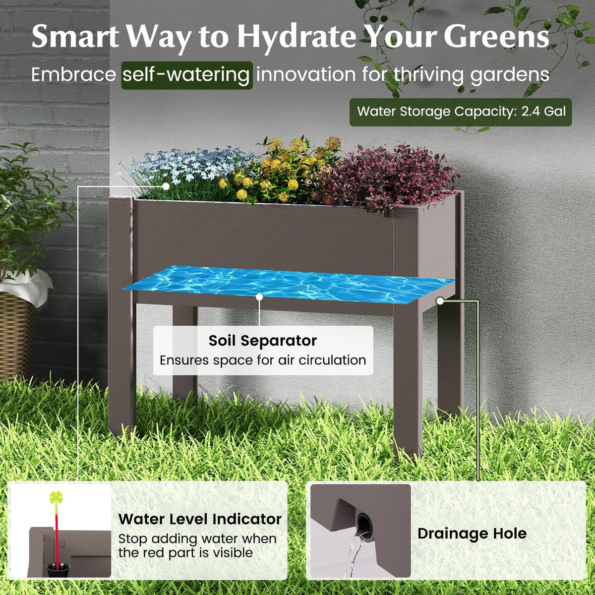 Lucktree Raised Garden Bed with Legs, Self-Watering Planter Box with Water Level Indicator